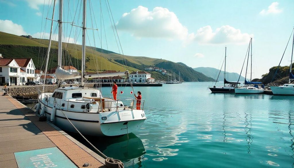Yacht at Marina da Horta during best marinas yachting Portugal, with a crew painting a mural and hills in the background.